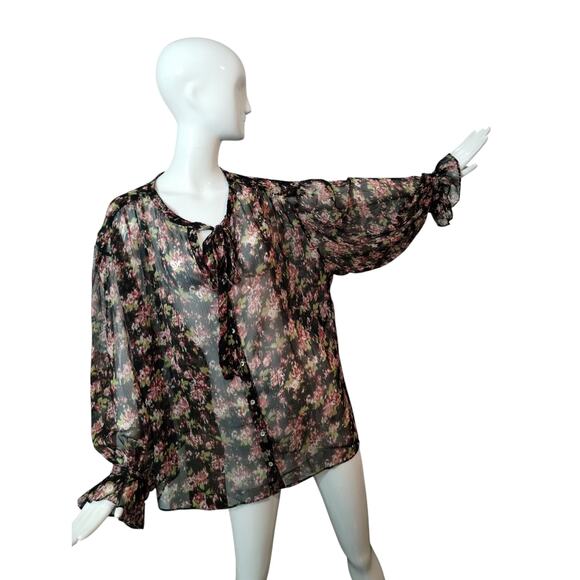 Mango MNG Women's size 3X Sheer Floral Bow Tie Puff Ruffle Sleeve Carol Blouse - Picture 4 of 12